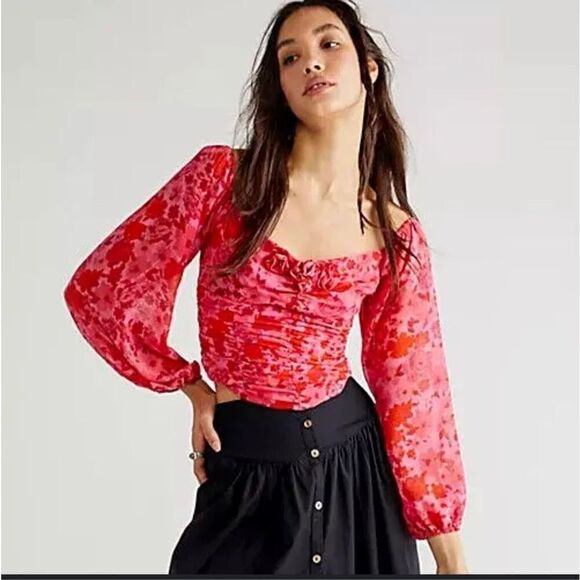 Free People Oh Lala Top Pink & Roses large - Picture 1 of 6